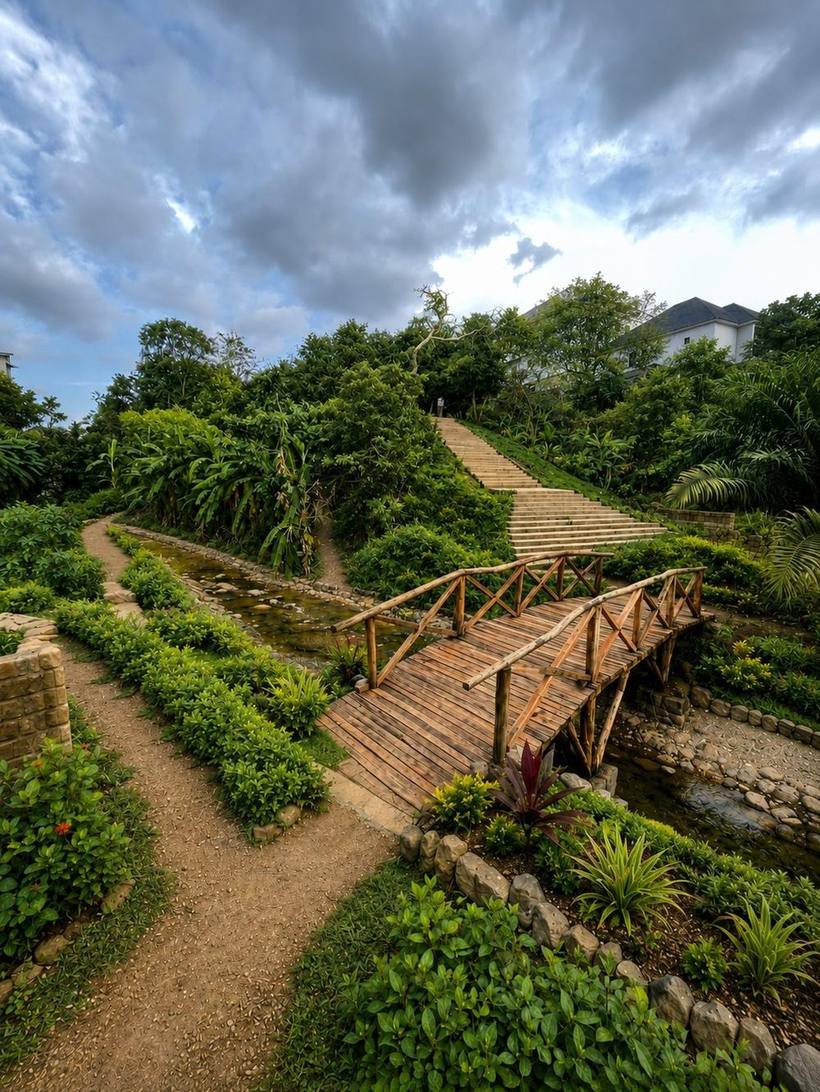 Landscaped paths, stream and bridge at Village